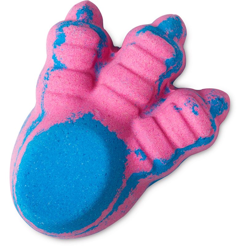 Big Foot bath bomb, a blue and pink monster foot with three toes.