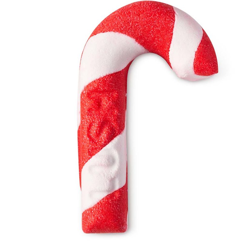 Candy Cane, a cane-shaped bubble bar, with white and bright red stripes and the name Lush stamped on the lower part.