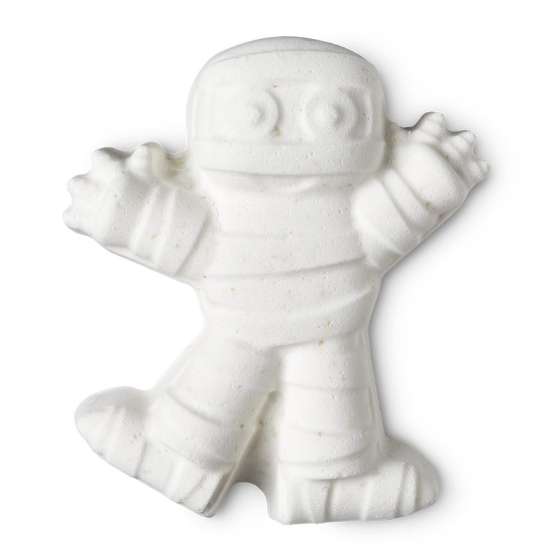 I Want My Mummy bath bomb, a white mummy with its arms out, 2 eyes peeking out from behind bandages.