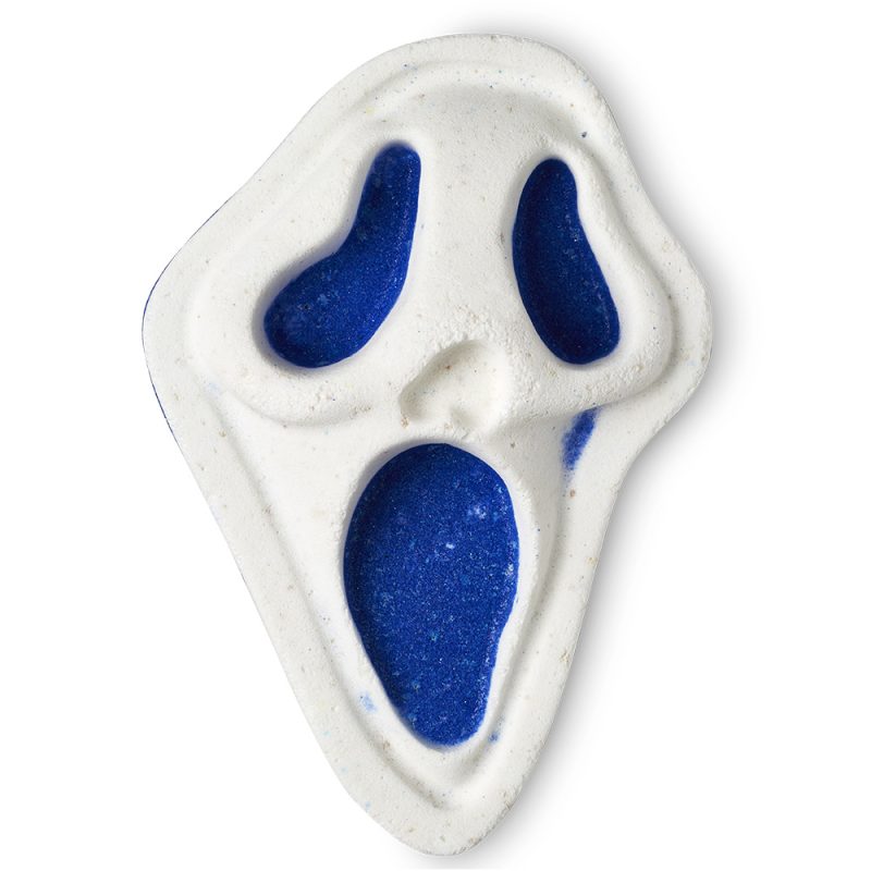 Screamo bath bomb, a white ghostly face with blue eyes and mouth.