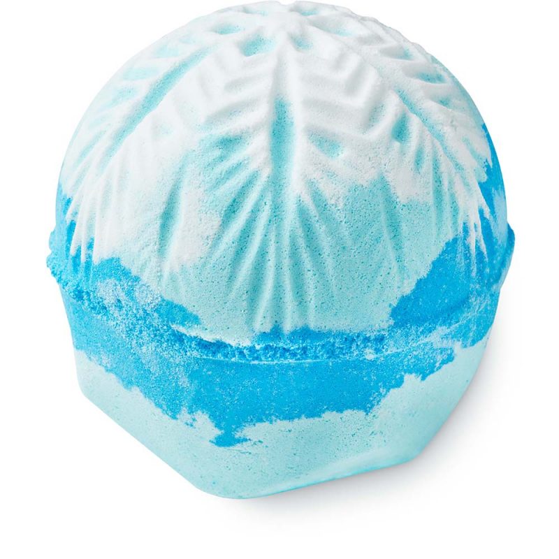 Snow Drift, a round bath bomb with shades of icy blue topped by a white snowflake design.