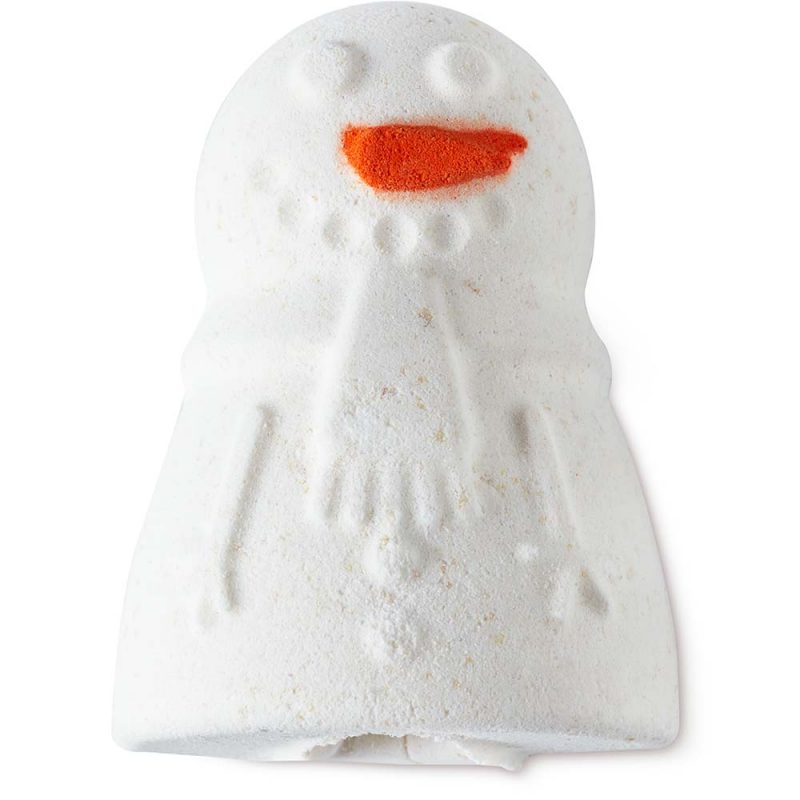 A bath bomb in the shape of a smiling snowman, spotlessly white, with an orange pointy nose and a hole to play puppet with it.