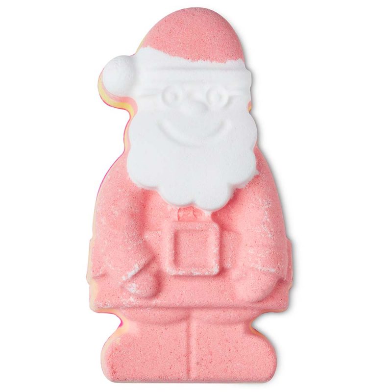 Magical Santa, a bath bomb in the shape of Santa with glasses, mittens, red and white colours and a bit of yellow on its side.