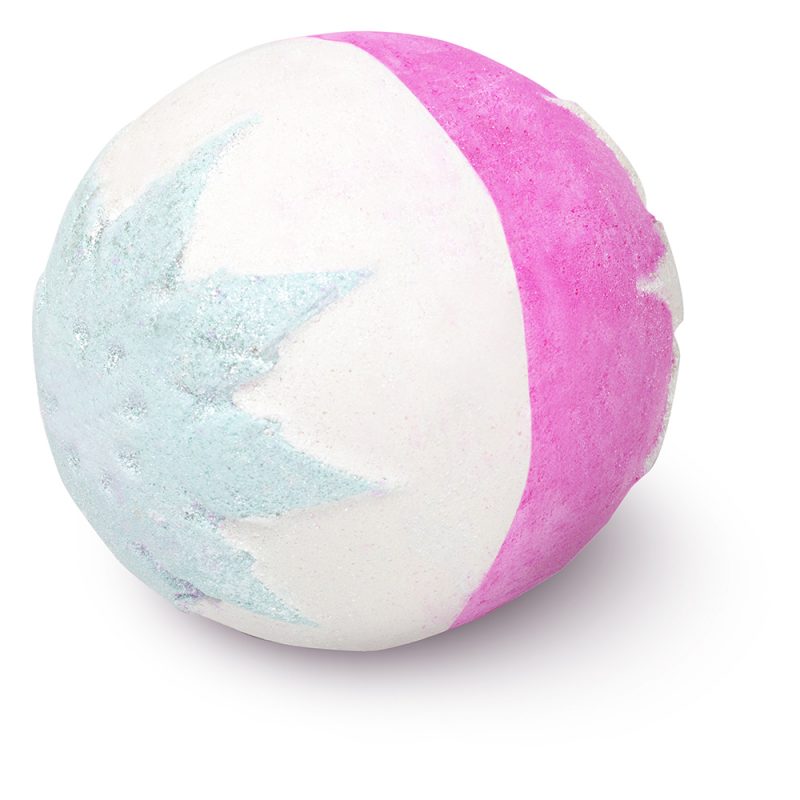 Snow Fairy, a two-sided bath bomb, one white with a blue snowflake design, the other pink with a white snowflake design.